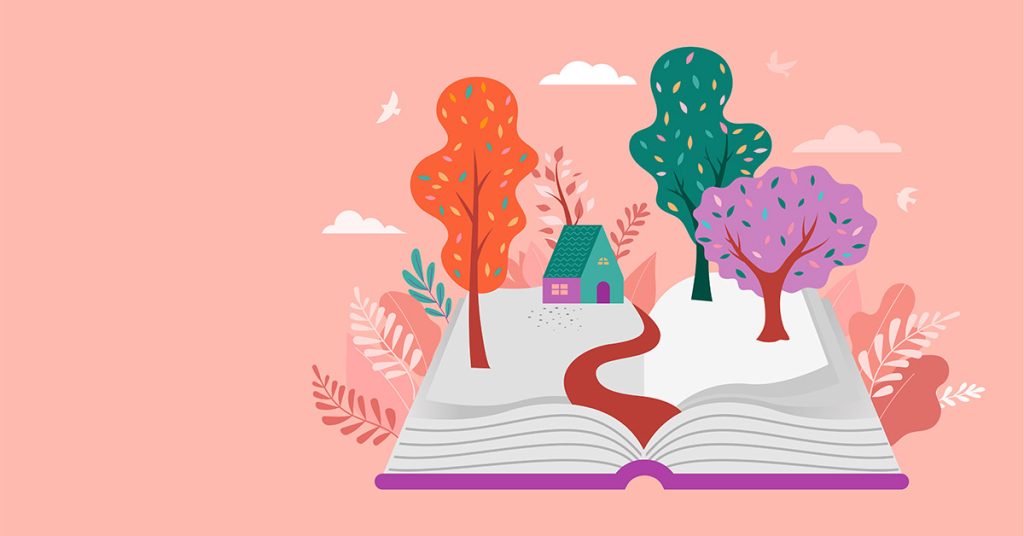 Zeichnung: Buch aus dem Bäume springen. Der Hintergrund ist rosafarben.