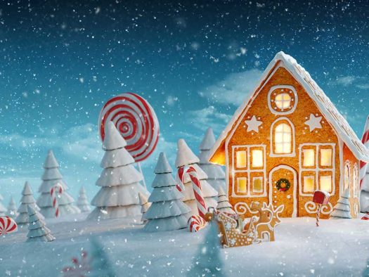 Collage aus Weihnachtsdorf mit Schnee und Zuckerstangen - Weihnachtsgrüße